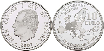 Испания 10 евро 2007 M, 50 лет Римскому договору KM 1135 серебро  PROOF   02-040-24