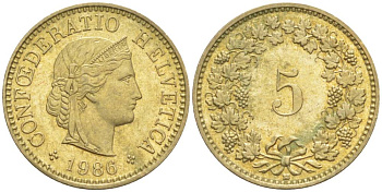 ШВЕЙЦАРИЯ 5 РАППЕНОВ 1986 В KM 26с алюминий латунь 4549-566