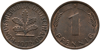 ФРГ 1 пфенниг 1972 D KM 105, J.380 сталь плакированная медью 99-321