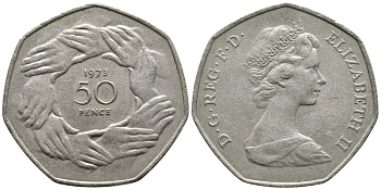 Великобритания 50 пенсов 1973 Елизавета II (1952-2022), вступление в Европейское экономическое сообщество KM 918, Spink 4224 медно-никель 3999-1024