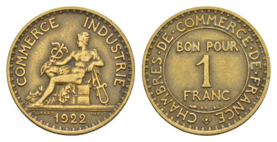 Франция 1 франк 1922 KM 876, Le Franc 218.4 алюминиевая бронза 4657-552