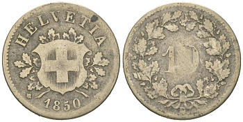 Швейцария 10 раппенов 1850 BB KM 6 серебро 4617-436