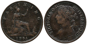 Великобритания 1 фартинг 1881 Виктория (1837-1901) KM 753, Spink 3958 бронза  1518-1121