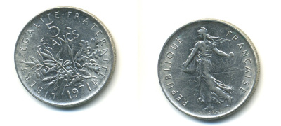 Франция 5 франков 1971 сеятель KM 926a.1, Le Franc 341.3 медно-никель плакированный никелем 80-132