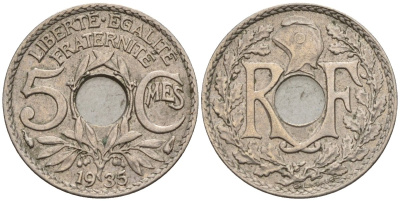 Франция 5 сантимов 1935 KM 875 медно-никель 4596-631