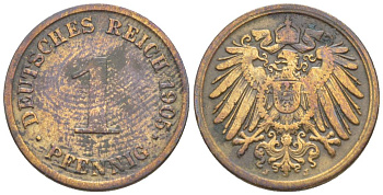ГЕРМАНИЯ 1 ПФЕННИГ 1905 J KM 10, Jager. 10, Weege 2 медь 4528-1233
