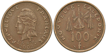 Французская Новая Каледония 100 франков 2002 хижина среди сосен и пальм, (IEOM) KM 15, Schoen 16, Lec 139f никель латунь 4149-115