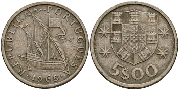 Португалия 5 эскудо 1968 KM 591 медно-никель 4156-541