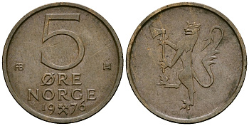 Норвегия 5 эре 1976 Король Улаф V (1958 - 1991) KM 415 бронза 4173-1032