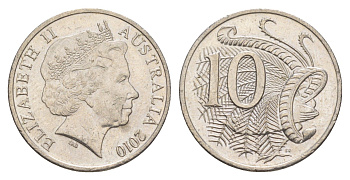 Австралия 10 центов 2010 Елизавета II (1952-2022), птица лирахвост KM 402 медно-никель 4525-445