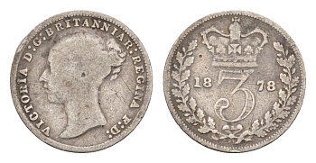 Великобритания 3 пенса 1878 Виктория (1837-1901) KM 730, Spink 3914 серебро 4658-952