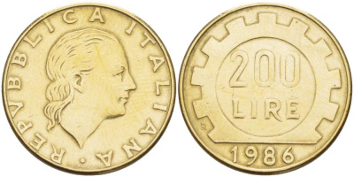 Италия 200 лир 1986 R, шестерня KM 105 алюминиевая бронза 4529-212