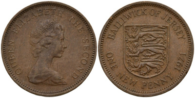 Джерси 1 новый пенни 1971 Елизавета II (1952-2022), герб KM 30 бронза 4156-956