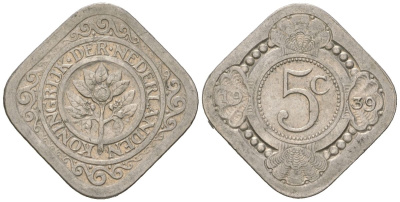 Нидерланды 5 центов 1939 Вильгельмина (1890-1948) KM 153 медно-никель 4171-231