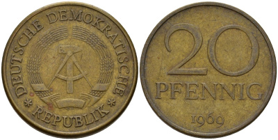 ГДР 20 пфеннигов 1969 A, первый год KM 11 латунь 95-424