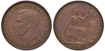 Великобритания 1 пенни 1938 Георг VI (1936-1952) KM 845, Spink 4114 бронза 4131-431