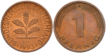 ФРГ 1 пфенниг 1993 A KM 105, J. 380 сталь плакированная медью    4598-711