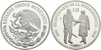 Мексика 20 песо 2010 200 лет независимости Мексики, Идальго и Морелос KM 940 серебро PROOF 11-243-12