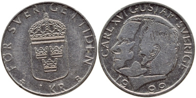 Швеция 1 крона 1999 Карл XVI Густав (1973- ) KM 852a медно-никель 89-1347