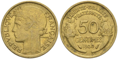 ФРАНЦИЯ 50 САНТИМОВ 1939 ТИП MORLON KM 894.1, LE FRANC 192.15 алюминиевая бронза 44-836