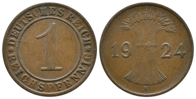 ГЕРМАНИЯ 1 РЕЙХСПФЕННИГ 1924 А KM 37, J.313 бронза 4380-1053