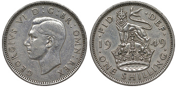 Великобритания 1 шиллинг 1949 Георг VI (1936-1952), Английский герб KM 876, Spink 4108 медно-никель 4122-536