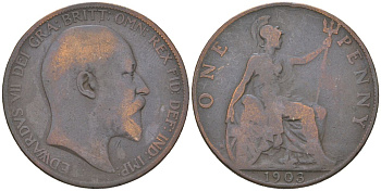 Великобритания 1 пенни 1903 Эдуард VII (1901-1910) KM 794.2, Spink 3990 бронза 221-1231