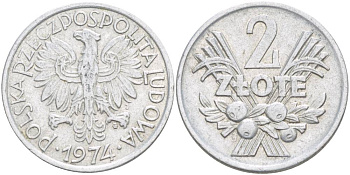 Польша 2 злотых 1974 MW KM 46 алюминий 4542-835