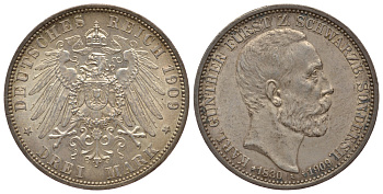 Шварцбург-Зондерсгаузен 3 марки 1909 A, на смерть Карла Гюнтера (1880-1909) Weege 166, J. 170, KM 154 серебро 00-812-02