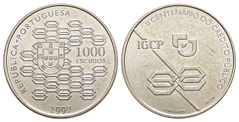 Португалия 1000 эскудо 1997 200 лет Государственному кредитованию KM 703 серебро BU 1088-1-52