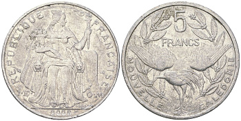 Французская Новая Каледония 5 франков 2008 птица кагу, (IEOM) KM 16, Schoen 12, Lec 81k алюминий 215-616