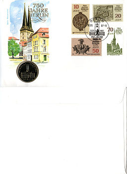 ГДР 5 марок 1987 750 лет Берлину, Квартал Николаи, в конверте с маркой (КПД - Конверт первого дня Гашения) KM 114 медь цинк никель UNC 9000-06