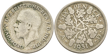Великобритания 6 пенсов 1931 Георг V (1910-1936) KM 832, Spink 4041 серебро 4602-625