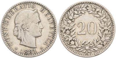 ШВЕЙЦАРИЯ 20 РАППЕНОВ 1881 В KM 29 никель 55-554