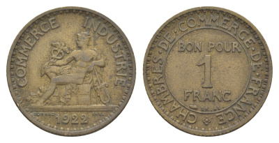 Франция 1 франк 1922 KM 876 алюминиевая бронза 83-721