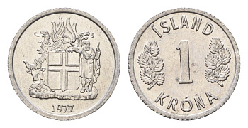Исландия 1 крона 1977 KM 23 алюминий UNC 4687-814