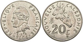 Французская Новая Каледония 20 франков 2004 три быка, (IEOM) KM 12, Schoen 14, Lec 115h никель 81-825