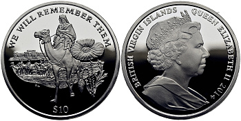 Британские Виргинские острова 10 долларов 2014 в память героев первой мировой войны, солдат верхом на верблюде KM NEW серебро  PROOF 1071-1-52