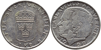Швеция 1 крона 1999 Карл XVI Густав (1973- ) KM 852a медно-никель 89-655