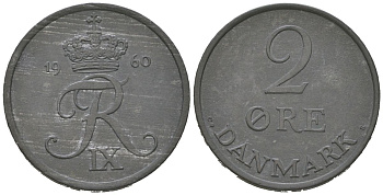 Дания 2 эре 1960 C; S, Фредерик IX (1947-1972) KM 840 цинк aUNC 213-244