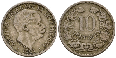 Люксембург 10 сантимов 1901 Адольф (1890-1905) KM 25 медно-никель 4602-451