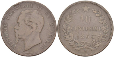 ИТАЛИЯ 10 ЧЕНТЕЗИМО 1866 H, МОНДВОР БИРМИНГЕМ, ВИКТОР ЭММАНУИЛ II (1861-1878) KM 11.3 медь 4526-821