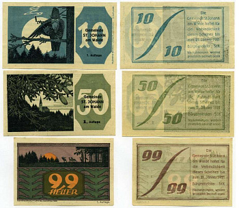 Австрия, Санкт-Йохан-ам-Вальде набор из 3 банкнот 10, 50, 99 геллеров 1921 21 января 1921, нотгельд, 1 AUFLAGE, земля Верхняя Австрия   бумага  аUNC 000-00-00