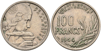 Франция 100 франков 1954 тип Cochet KM 919.1, Le Franc 450.2 медно-никель 4116-1214
