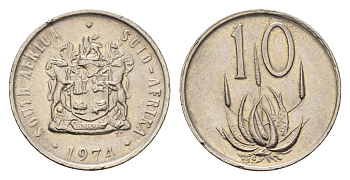 ЮАР 10 центов 1974 герб, цветок алоэ KM 85 никель 4643-235
