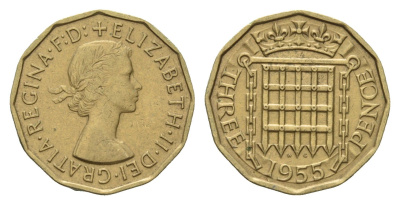 Великобритания 3 пенса 1955 Елизавета II (1952-2022) KM 900, Spink 4153 никель латунь 4121-527