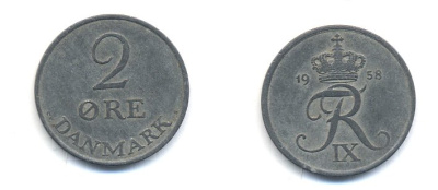 ДАНИЯ 2 ЭРЕ 1958 C; S, ФРЕДЕРИК IX (1947-1972) KM 840.2 цинк 23-1035