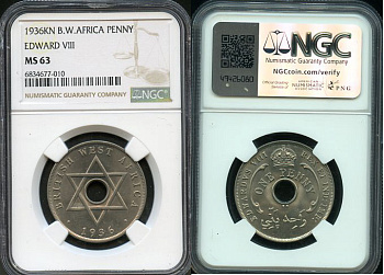 Британская Западная Африка 1 пенс 1936 Эдуард VIII (1936), в слабе NGC MS 63 KM 16 медно-никель  UNC  15-011-18