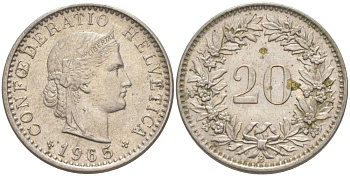 ШВЕЙЦАРИЯ 20 РАППЕНОВ 1965 В KM 29a медно-никель 55-837