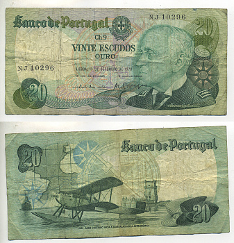 ПОРТУГАЛИЯ 20 ЭСКУДО 1978 4 ОКТЯБРЯ 1978, АДМИРАЛ ГЭГО КУТИНЬО, САМОЛЕТ, АЭРОПЛАН Pick 176а бумага 7552-35-3